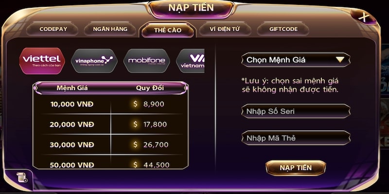 Cách nạp tiền tại Dwin qua thẻ cào siêu dễ