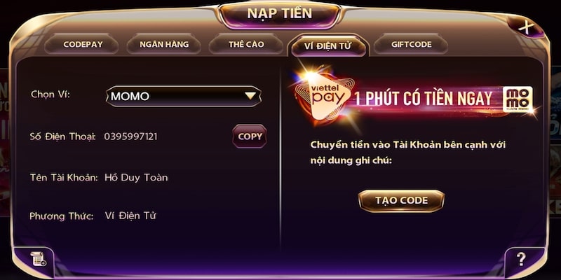 4 bước nạp tiền tại Dwin với ví điện tử